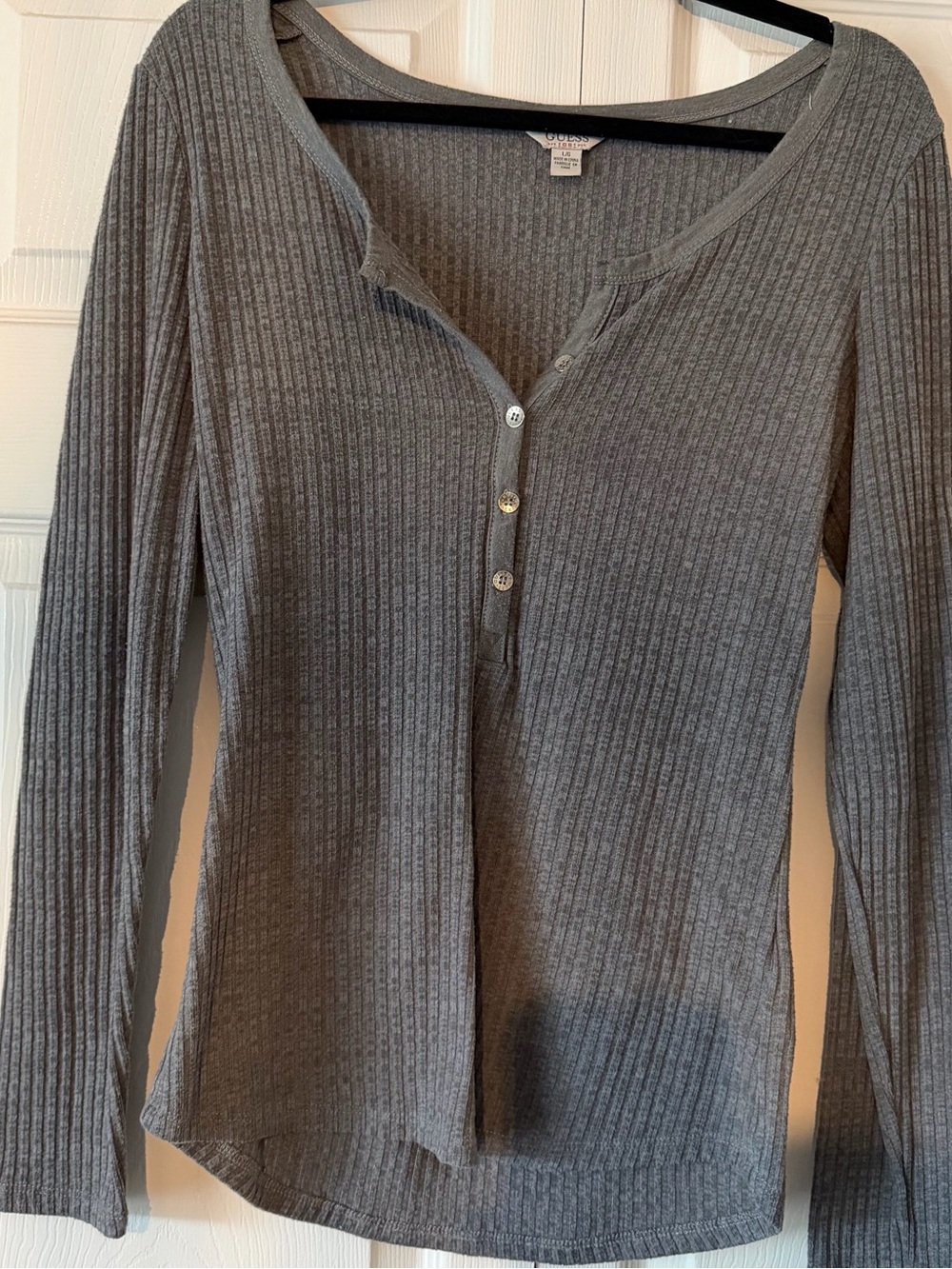 Guess Gray Ribbed Henley Long-Sleeve Top
